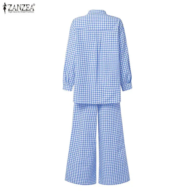 ZANZEA Women's Gingham Pant Suits Collared Long Sleeve High-Low Blouse & Wide Leg Pant 2 Pieces Sets Streetwear Casual Outfits
