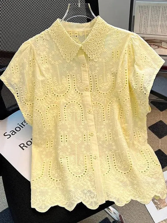 Elegant European Summer 2025 New Design Sense Small Hollow out Embroidery  Collar Top Versatile Match Korean Style Loose Fit