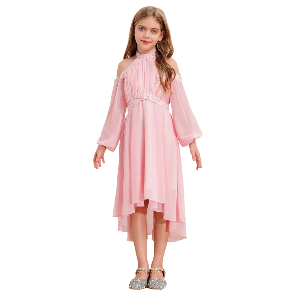 Kids Girls Elegant Party Dress Halter Off-shoulder High Waist Ruffled Chiffon Dresses Wedding Birthday Pageant Evening Prom Gown