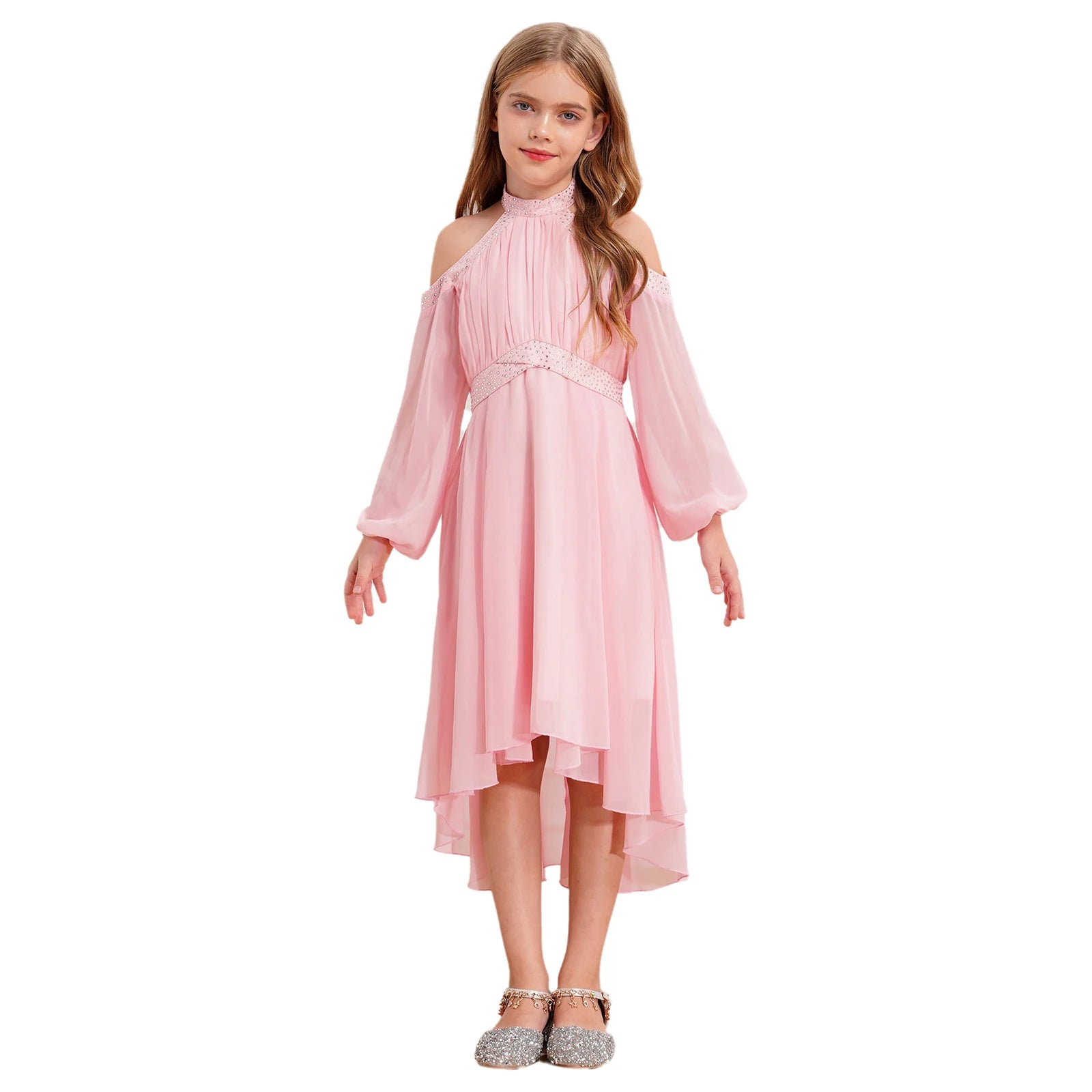 Kids Girls Elegant Party Dress Halter Off-shoulder High Waist Ruffled Chiffon Dresses Wedding Birthday Pageant Evening Prom Gown