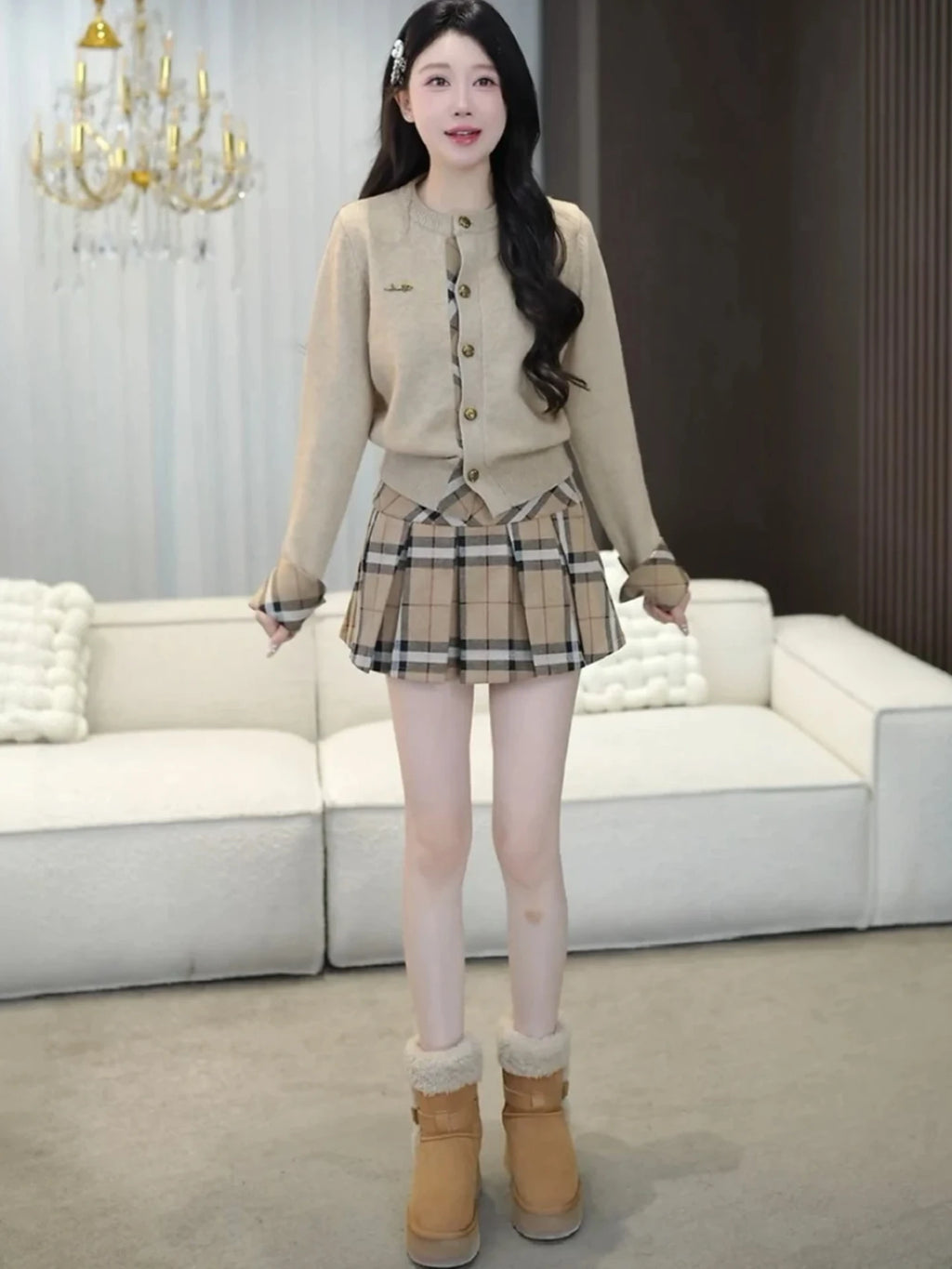 Women's Preppy Style Knitted Cardigan And Plaid  Skirt Two-Piece Set Single Button Spring Fashion College Wind Ensemble