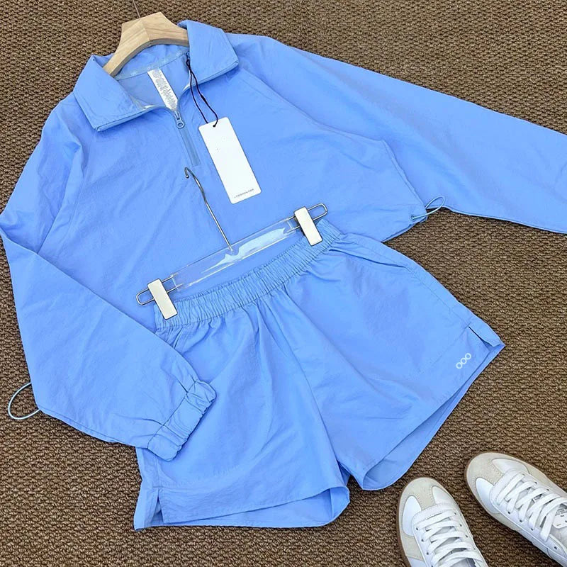 2026 Women's Spring/Summer Sports Long Sleeve Top and Shorts Classic Solid Color Casual Set Two Piece Set