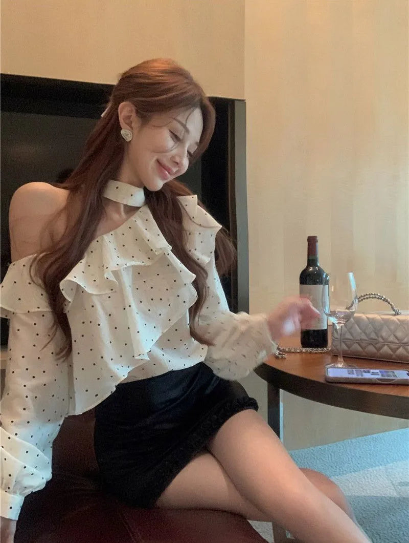 French Style Halter Neck Polka Dot Chiffon Shirts Woman Elegant Off Shoulder Ruffle Blouses Ladies Korean All-Match Trend Blusas