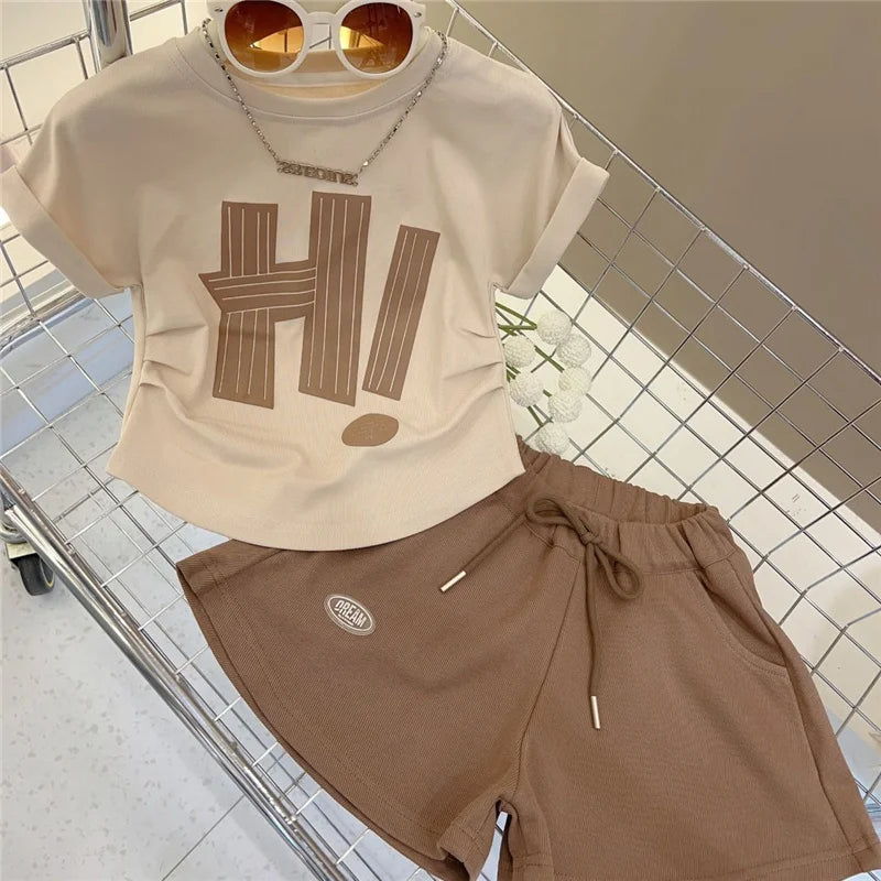 New Girls Short Sleeve Sets Summer Letter T-Shirt Tops+Shorts 2Pcs Suits Kids Clothes Sport Casual Straight Outfits 3-12 Years