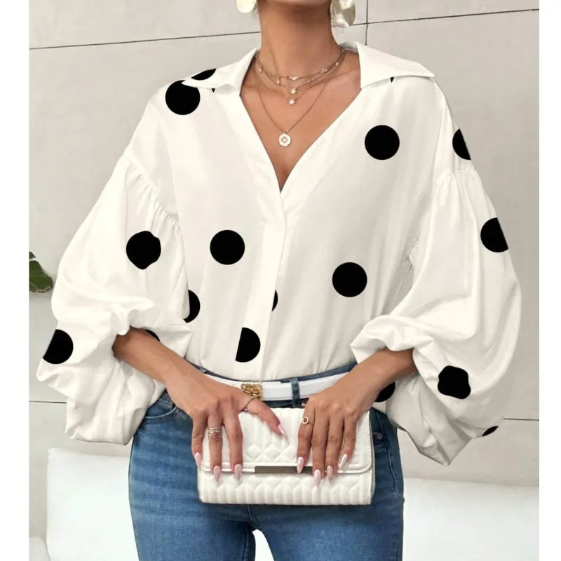 Boho Women's Blouses Spring Fall New Fashion French Polka Dot Half-neck Design Loose Puff Long-sleeve Top Casual Shirts Women