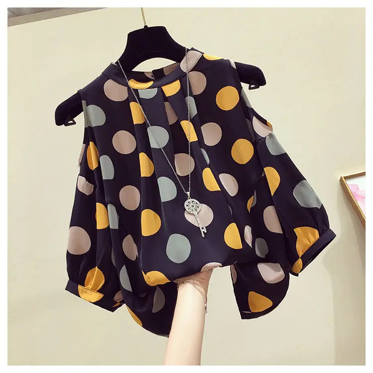 Oversize Summer Polka Dot Printed Chiffon Blouses Women Round Neck Patchwork Short Sleeve Shirt Off Shoulder Tops Female Clothes