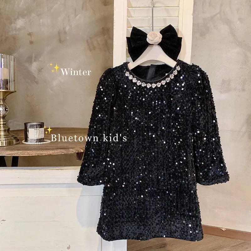 Girls' Dress Winter New Foreign Style Girls Velvet Princess Dress Children's Fashionable Sequined Heavy Industry Dress