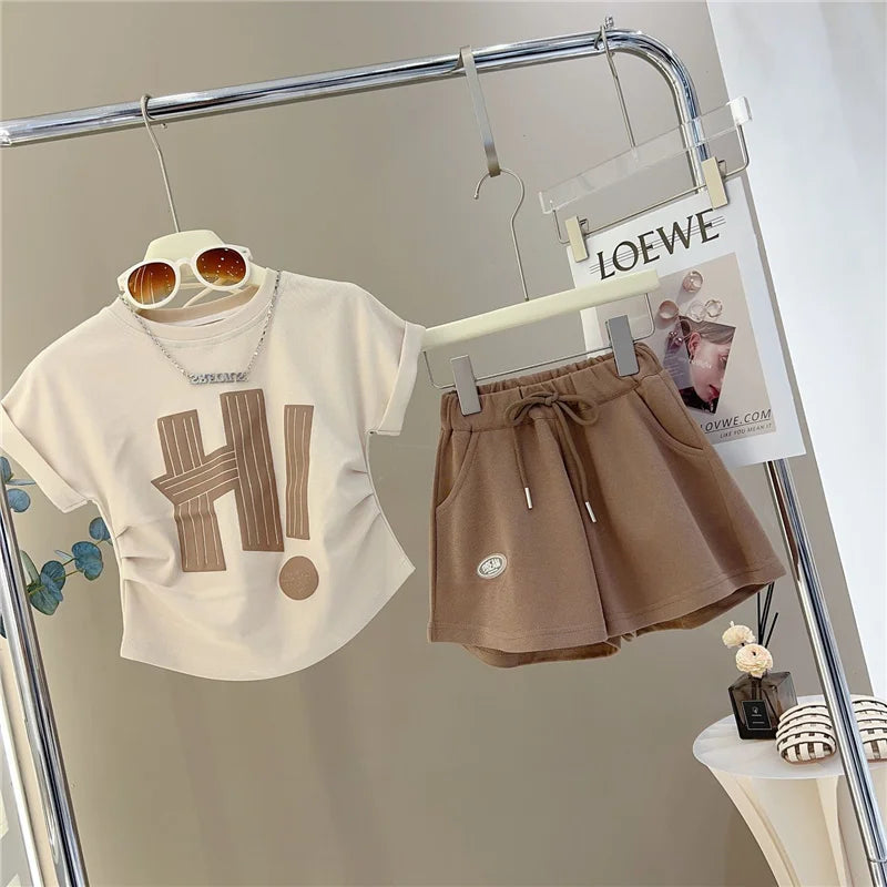 New Girls Short Sleeve Sets Summer Letter T-Shirt Tops+Shorts 2Pcs Suits Kids Clothes Sport Casual Straight Outfits 3-12 Years