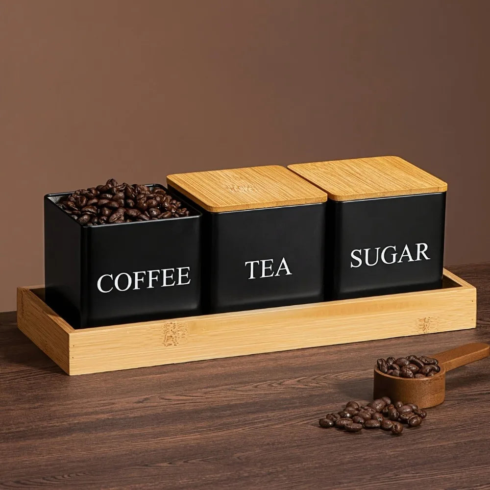 3Pcs/Set 500ml Black White Box with Lids Metal Containers for Storing Coffee Beans Sugar Tea Large Capacity Kitchen Storage Jar