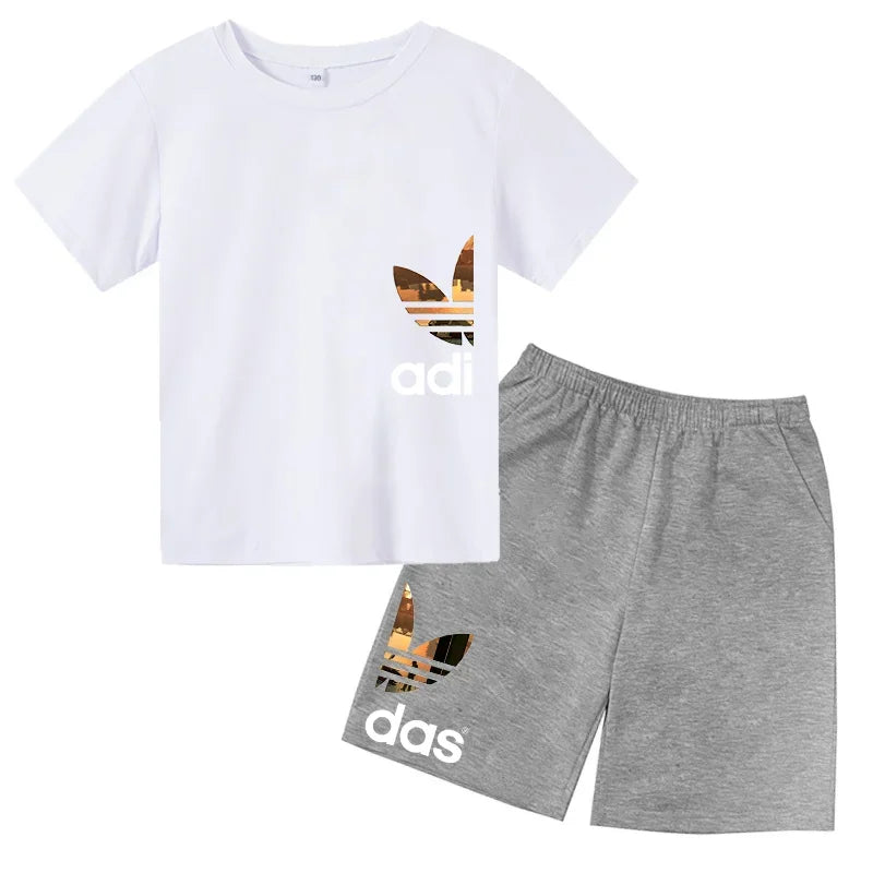 Summer 3-13Y Kids Fashion Creative Sports Outdoor Print Short Sleeve T-Shirt & Shorts Set - Stylish Children's 2-Piece Activewea
