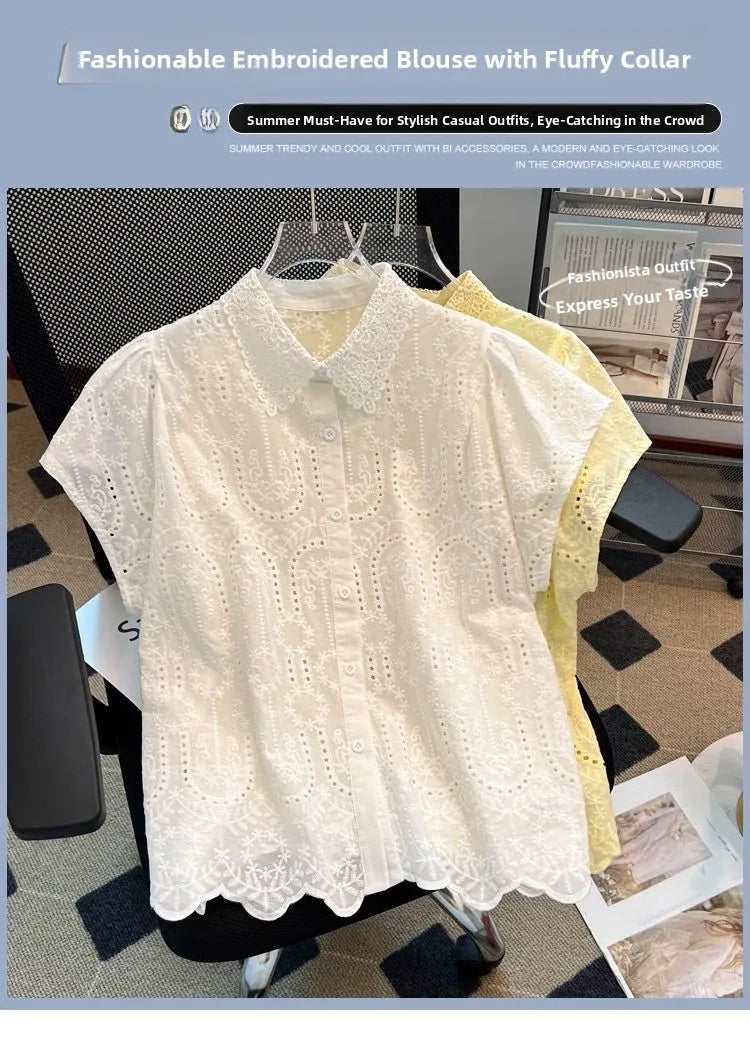Elegant European Summer 2025 New Design Sense Small Hollow out Embroidery  Collar Top Versatile Match Korean Style Loose Fit