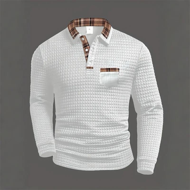 Men's casual polka dot jacquard solid color long-sleeved polo shirt, plaid patchwork collared pocket top, casual business style.