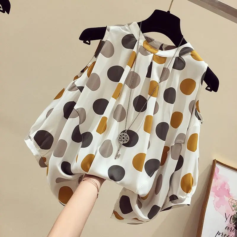 Oversize Summer Polka Dot Printed Chiffon Blouses Women Round Neck Patchwork Short Sleeve Shirt Off Shoulder Tops Female Clothes