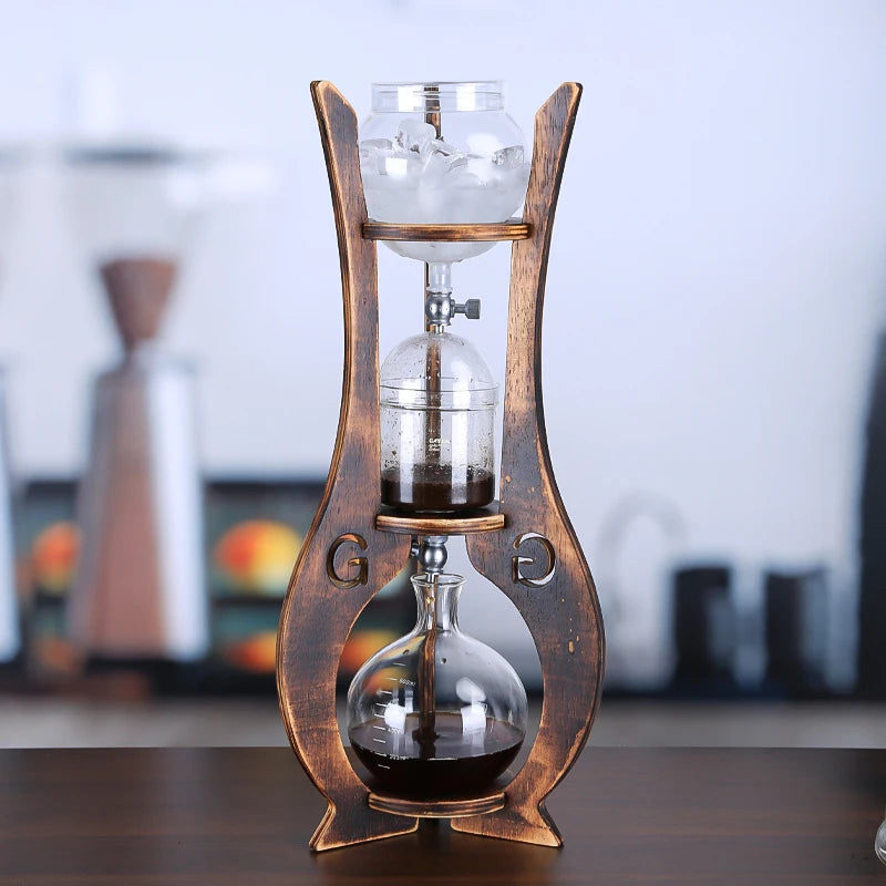 Home Wooden Stand Borosilicate Glass Ice Drop Pot Iced Cold Tower Drip Commercial Cold Brew Coffee Maker
