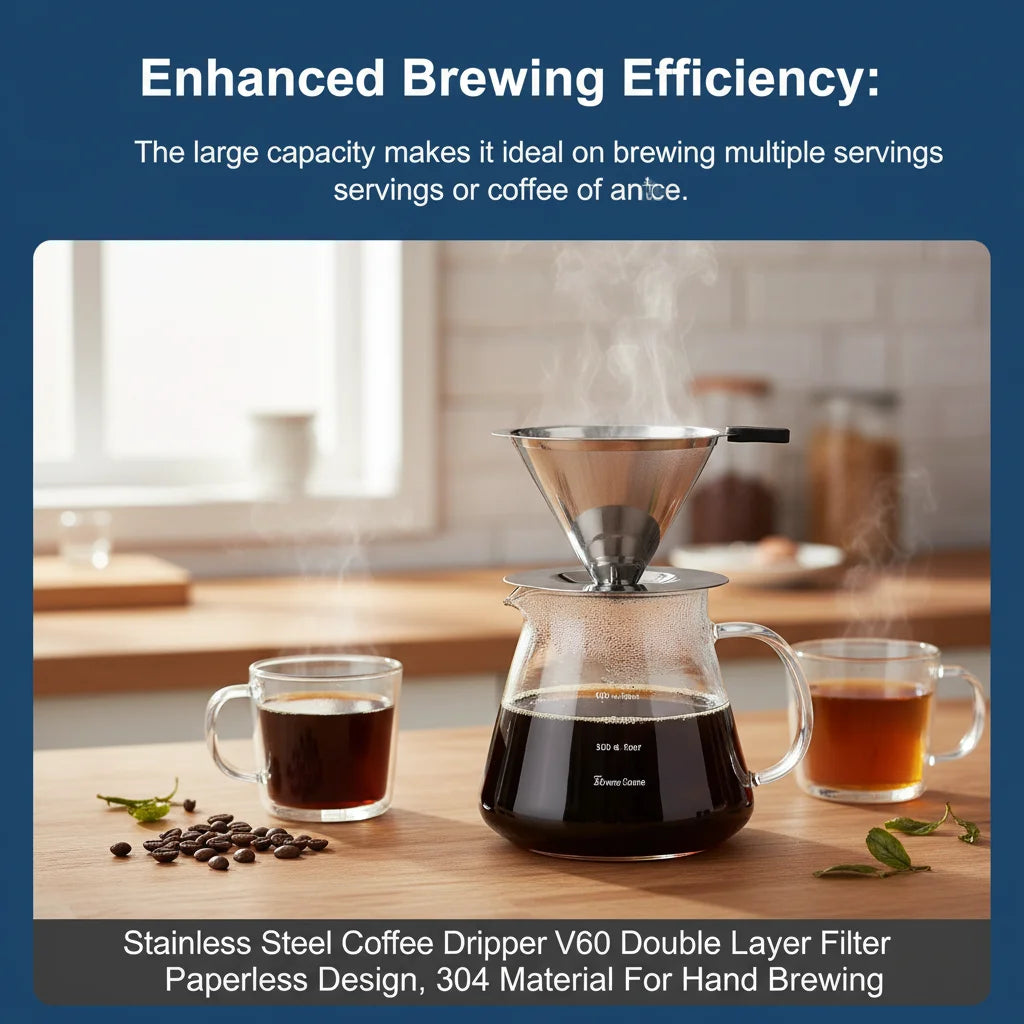 V60 Stainless Steel Coffee Filter Cone Double Layer Paperless Design 304 Material for Pour Over Brewing Large Capacity