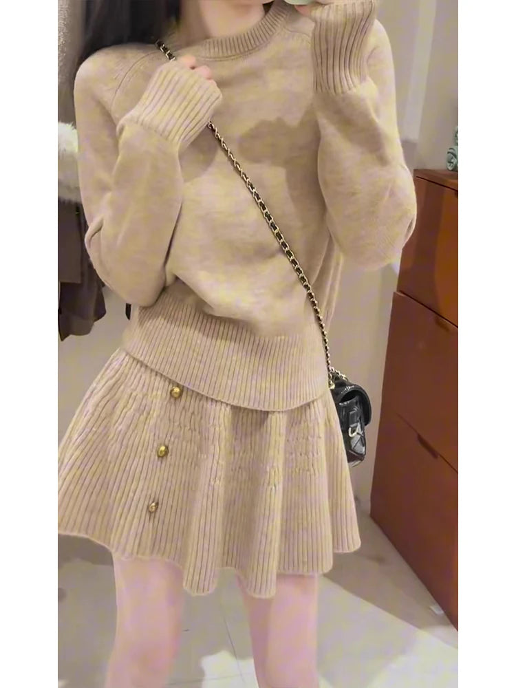 Women's Loose Knitted Sweater High Waist A-Line  Skirt Set round Neck Long Sleeve Fashionable Autumn Winter Ensemble
