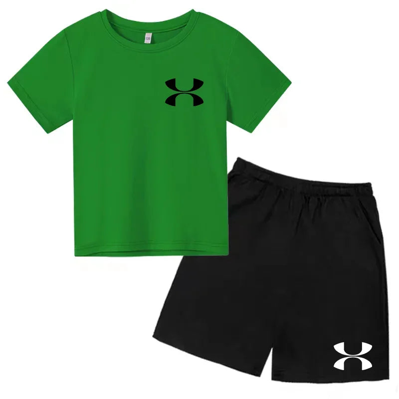 Kids Brand T-shirt Summer Clothes Letters Round Neck Fashion Short-sleeved+Shorts Two-piece Set Boy Girl 3-12Y Casual Sports Set