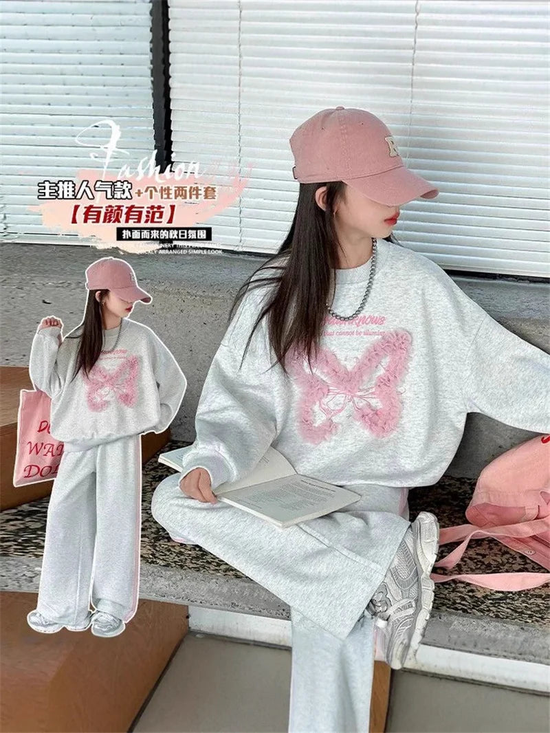 New Girls Tracksuit Sets Autumn Spring Kids Lace Butterfly Sweatshirt+Pants 2Pcs Teen Loose Sports Suits Children Casual Outfits