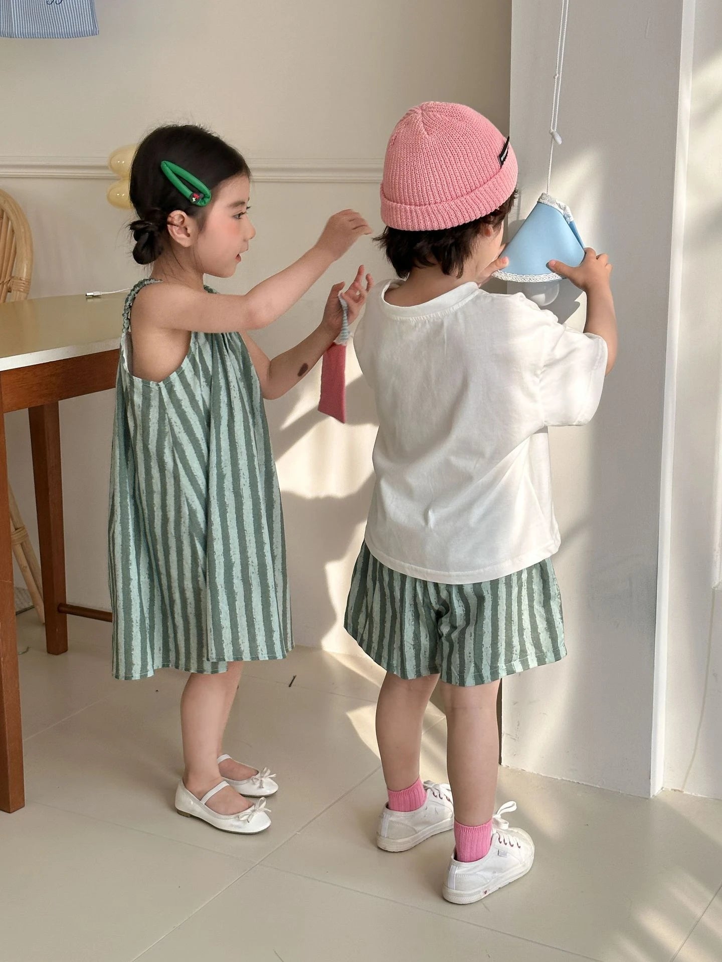 Children Clothes 2025 Summer New Cotton Stripe Baby Girl Suspender Dress Or Boy's Suit Brother And Sister Clothes
