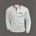 Men's casual polka dot jacquard solid color long-sleeved polo shirt, plaid patchwork collared pocket top, casual business style.