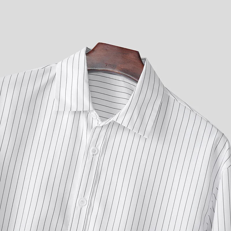 New British Retro Men Striped Shirts Trendy Loose Lapel Long Sleeve Cardigan Tops Autumn Leisure High Quality Basic Blouse S-2XL