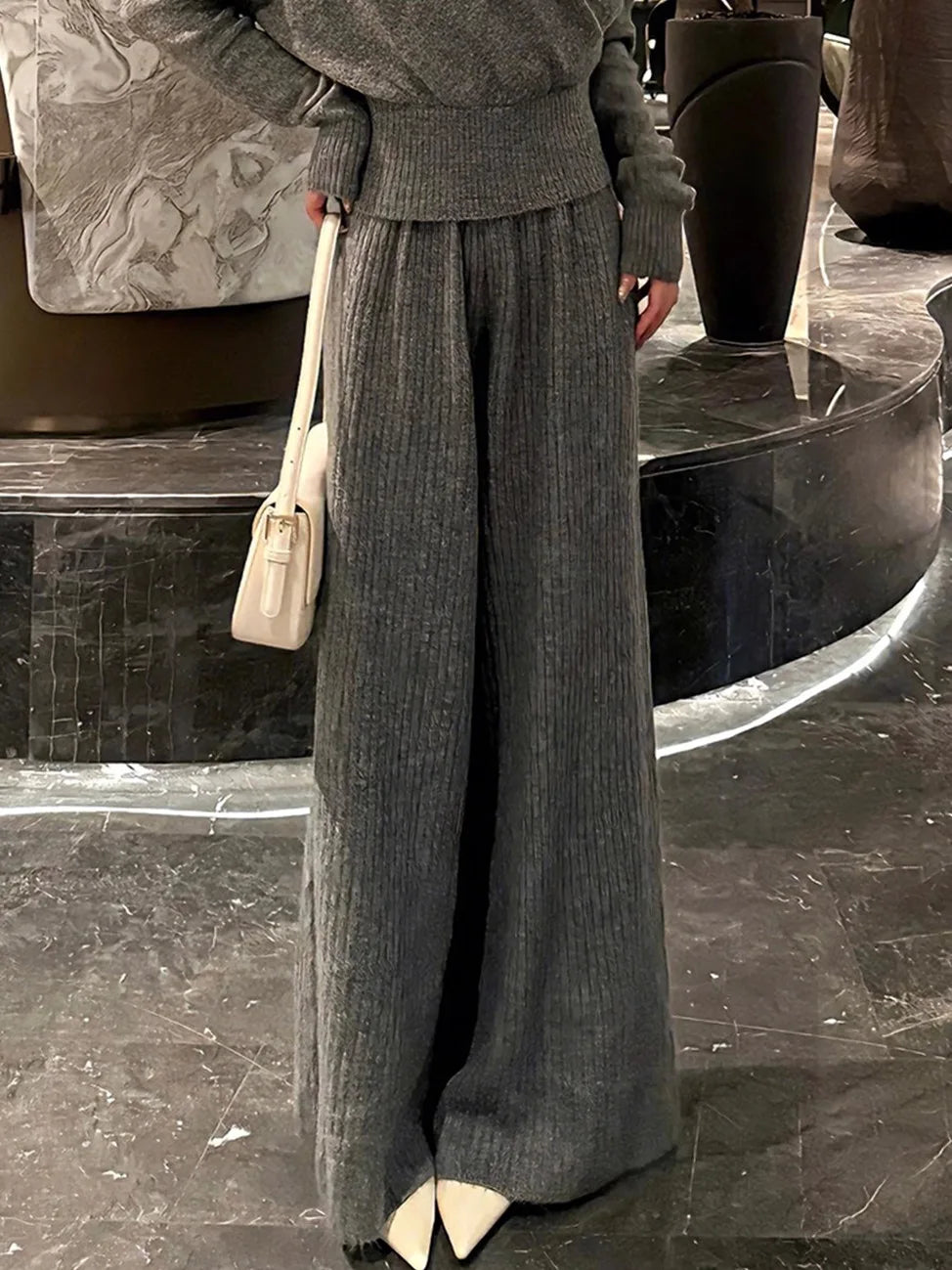 Elegant Autumn Winter Women's Outfit High Waist Wide Leg Pants V-Neck Long Sleeve Fashion Set Korean Style Casual Wear