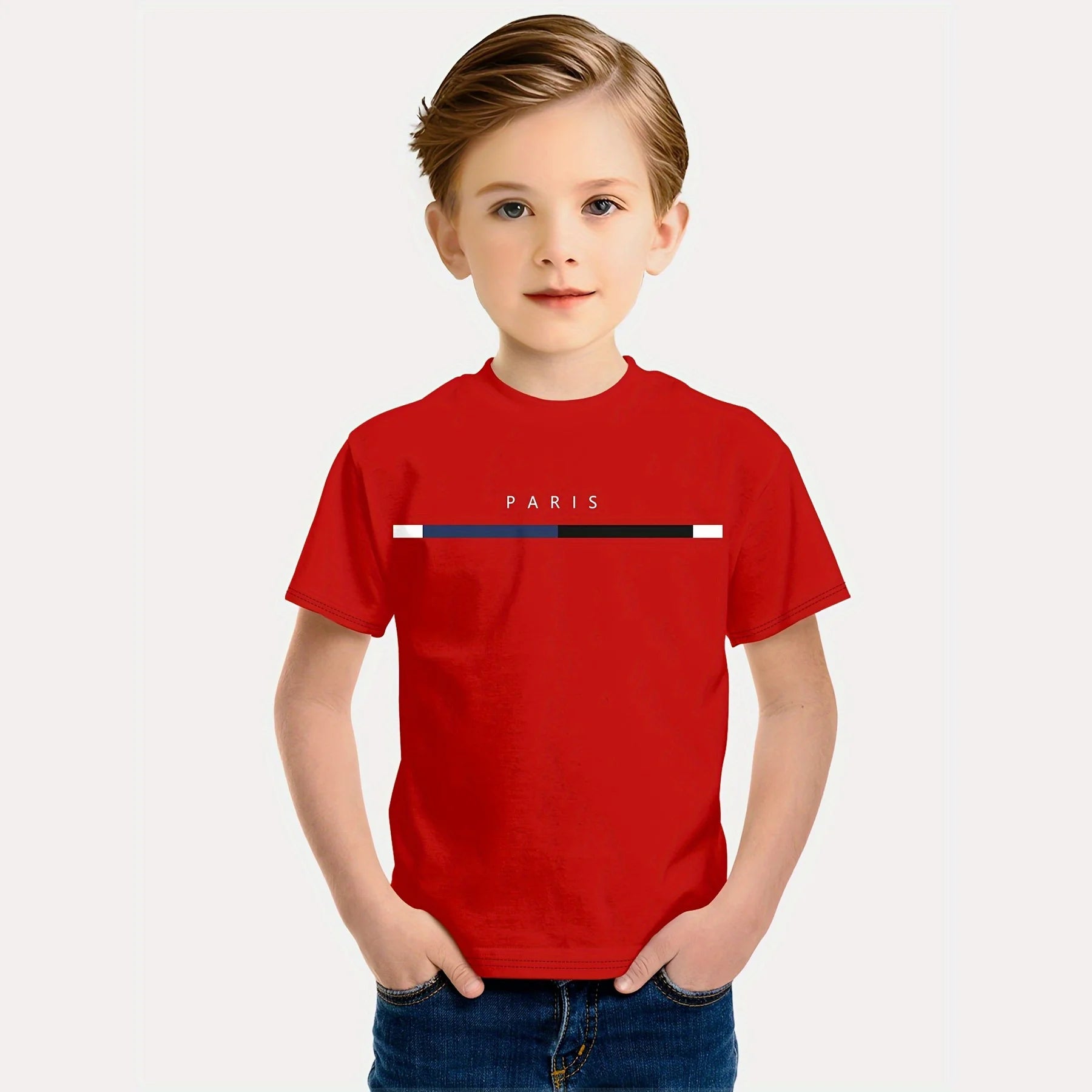 Kids Boys Clothes Simple Paris Letter Print Short Sleeve T Shirt Children Boys 2 to 9 Years Casual Comfortable Tees Children Top