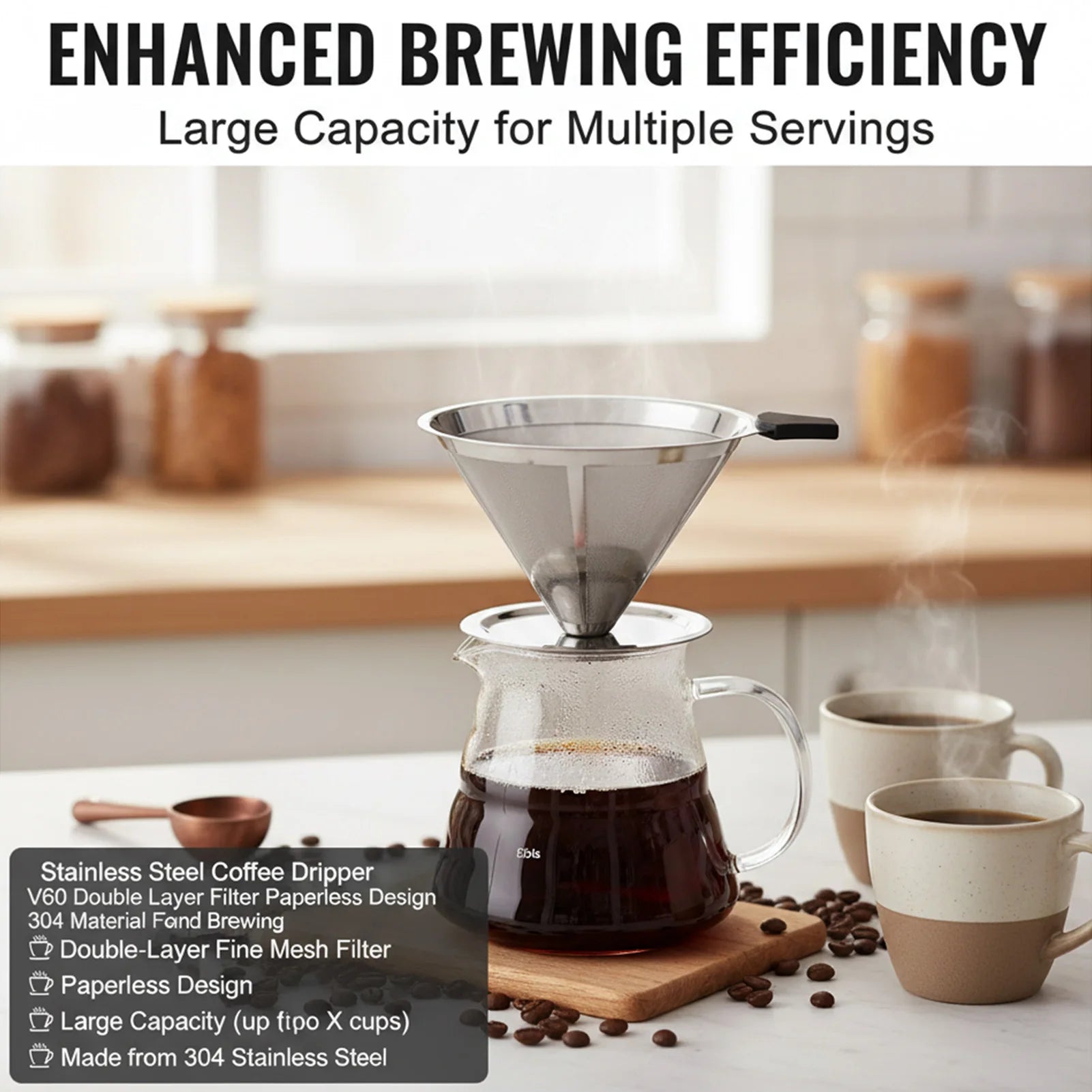 V60 Stainless Steel Coffee Filter Cone Double Layer Paperless Design 304 Material for Pour Over Brewing Large Capacity