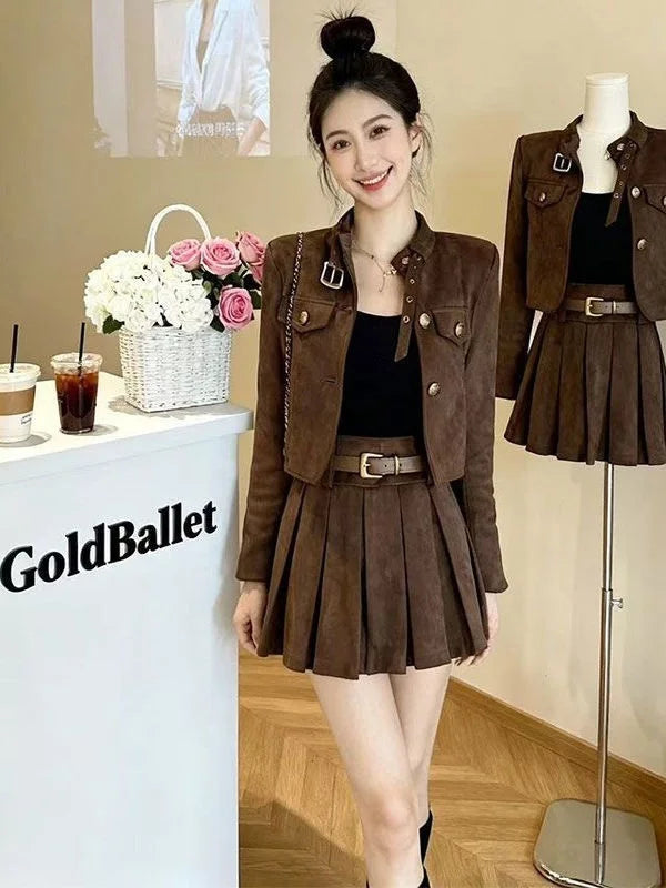 Fashionable Short Outerwear And Half-length Pleated Skirt Set Women's Spring 2026 Stylish Slimming Ensemble Casual Style