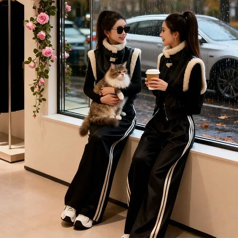 Autumn Winter Thickened Plush Patchwork Zipper Short Vest Women's High Waist Casual Wide Leg Pants Set Fashionable Cool