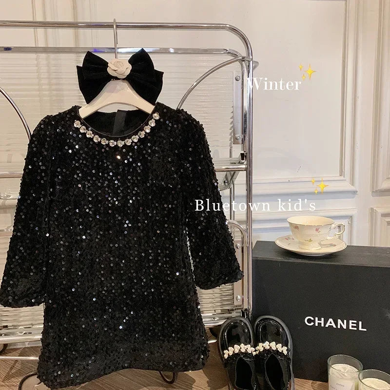 Girls' Dress Winter New Foreign Style Girls Velvet Princess Dress Children's Fashionable Sequined Heavy Industry Dress