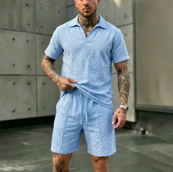 2 Pcs Sets Men's Summer Linen Polo and Shorts Simple Casual Beach Clothing Set Shirts Comfortable Hawaii Wear