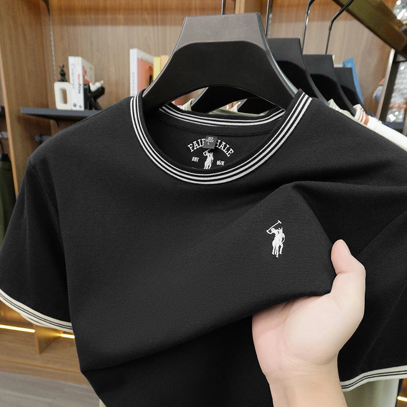 Summer New Cotton Men's Light Luxury Embroidered Versatile Round Neck Loose Short Sleeved Top