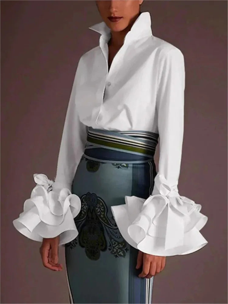 shirts & blouses Women Elegant Flared Sleeves Falbala Blouses Tops Spring Autumn  Casual Solid Office Lapel Buttons Shirts Tops