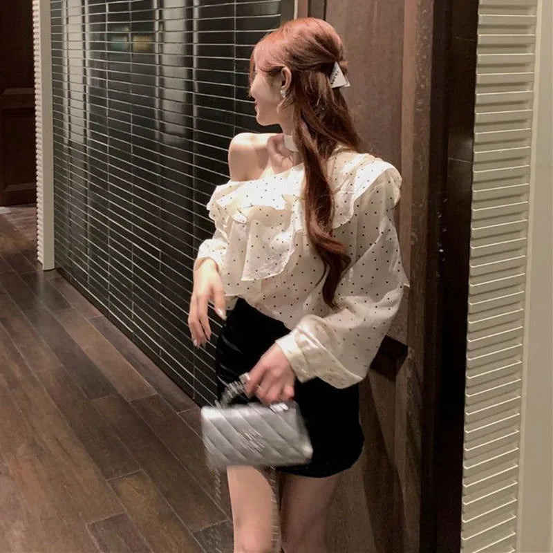 French Style Halter Neck Polka Dot Chiffon Shirts Woman Elegant Off Shoulder Ruffle Blouses Ladies Korean All-Match Trend Blusas