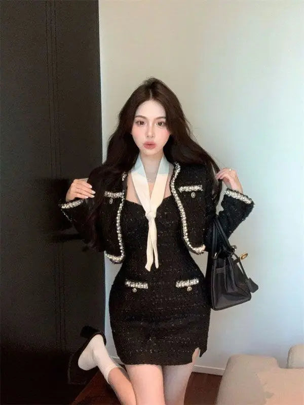 Small Fragrance Style Tweed Set Black Jacket Women's Short Dress Two-Piece Suit Autumn Fashion Trend Miniature Two-Piece Set