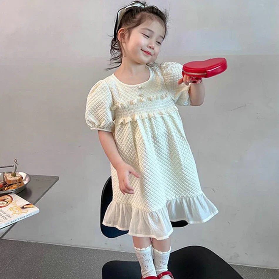 Girls Fashion Pink Princess Dress Kids Summer Puff Sleeve Casual Dresses Children Korean Style Mesh Clothing Gift Lolita Dress