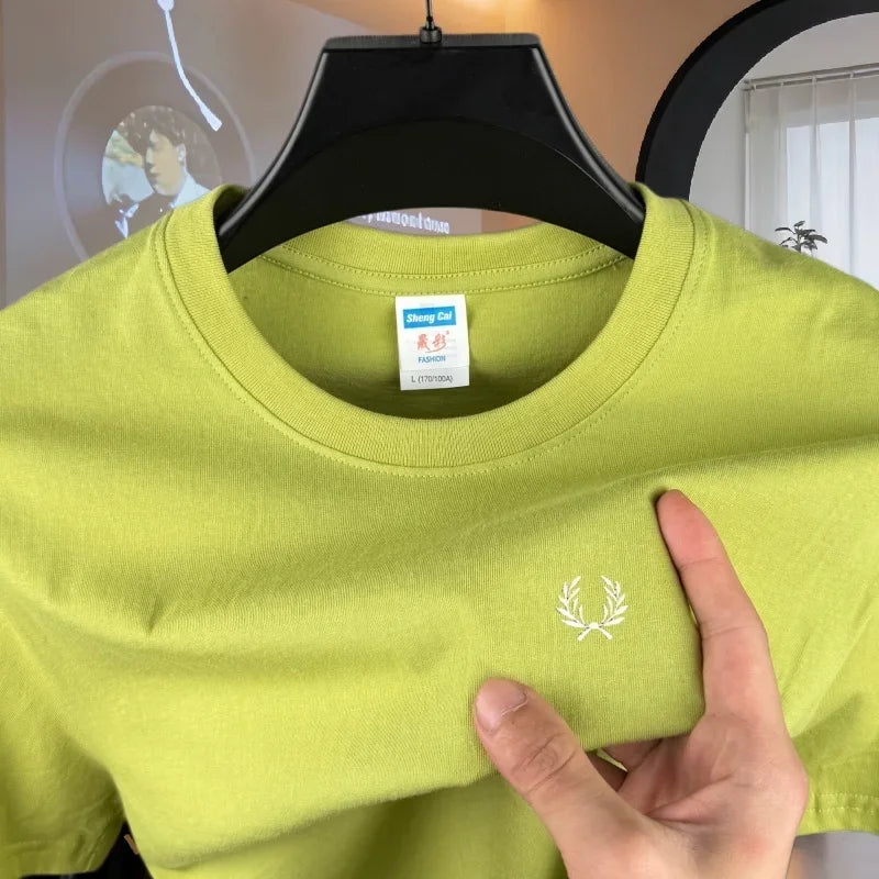 100% pure cotton high-end brand men's round neck short sleeved top summer fashion luxury wheat embroidery design casual T-shirt