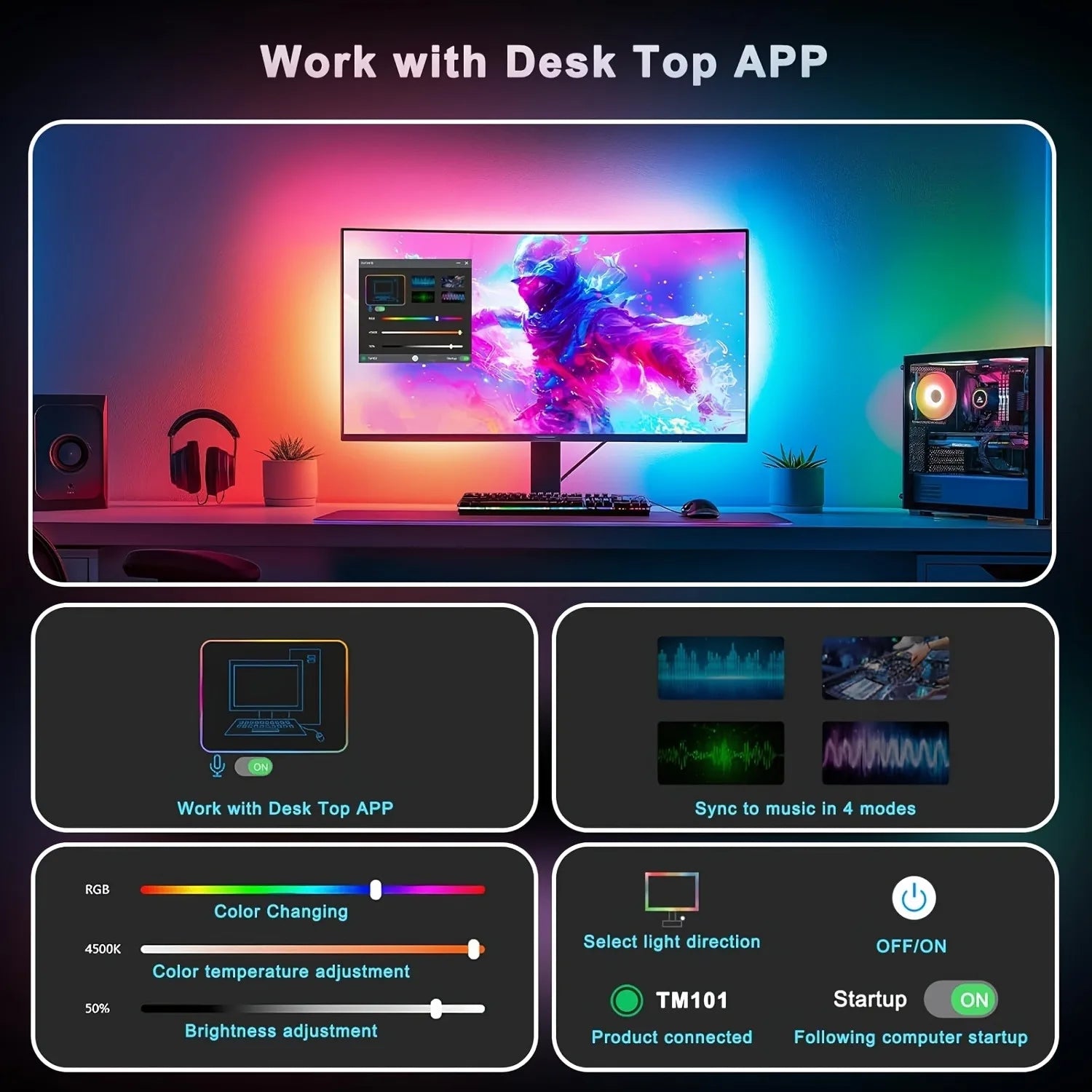 1pc RGB Gaming Monitor LED Backlight Night Lights,Smart Screen Color,Music Sync, USB-Powered,App Control for PC Gaming Decor