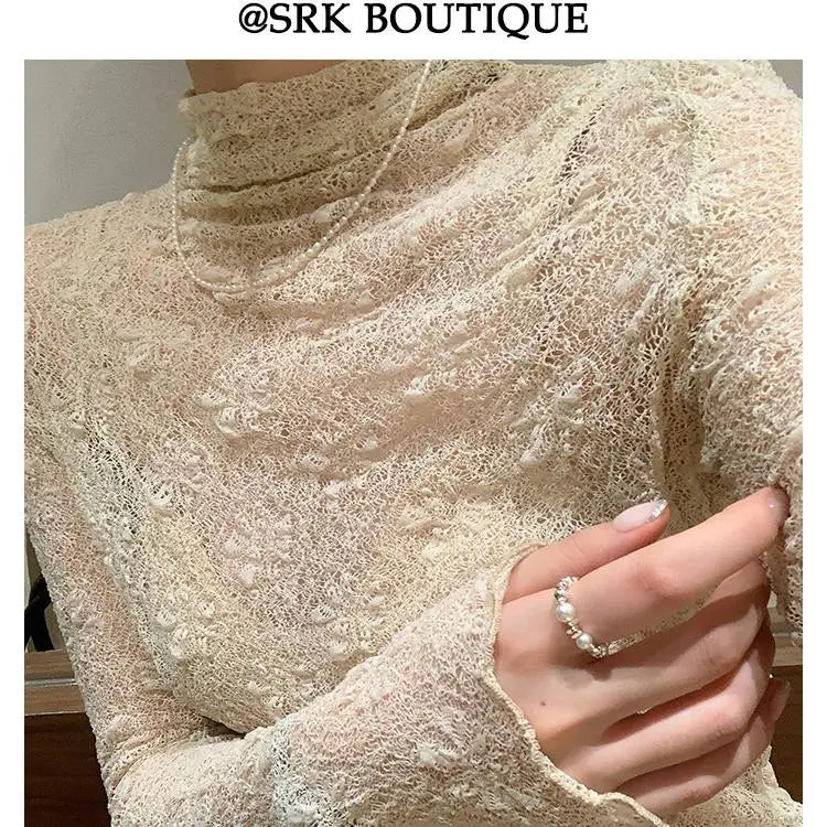 Sexy Lace Shirt Half High Collar Mesh Thin Long Sleeve Floral Embroidery Slim Fit Top Transparent Design Fashionable Spring 2024