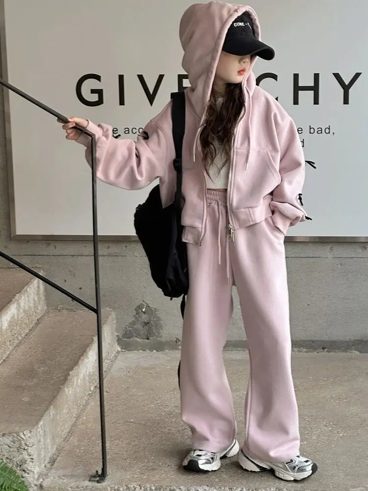 2026 casual spring winter girl cloth bow loose striped heart sweatshirt + wide leg pant teens children set 4 8 10 12 14 15 year