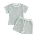 2024-12-30 Lioraitiin Toddler Baby Boys Summer Outfit Waffle Striped Short Sleeve T-shirt Elastic Waist Shorts Set