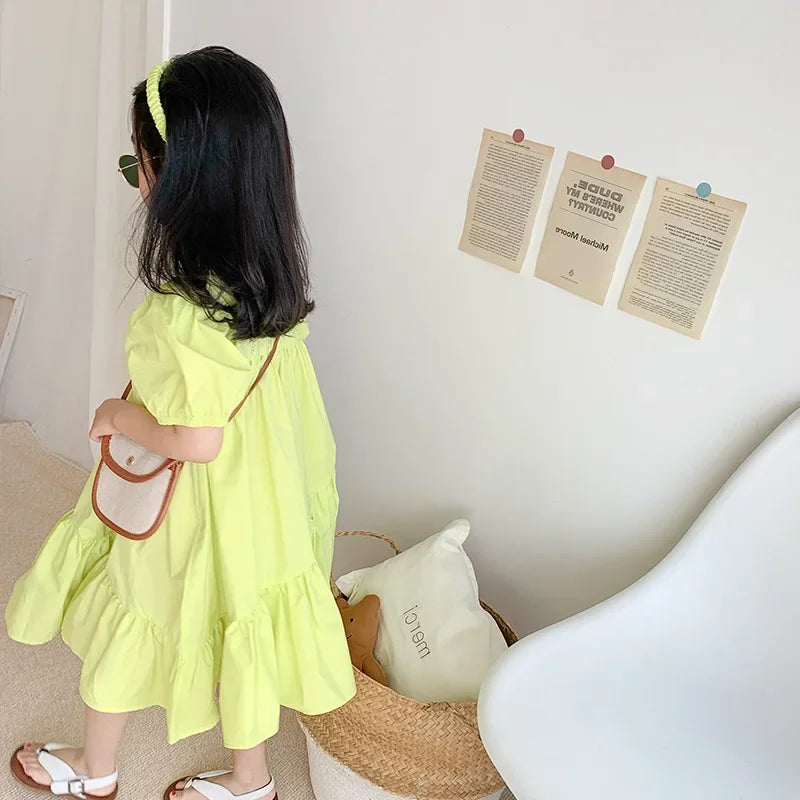 Girls Fashion Pink Princess Dress Kids Summer Puff Sleeve Casual Dresses Children Korean Style Mesh Clothing Gift Lolita Dress