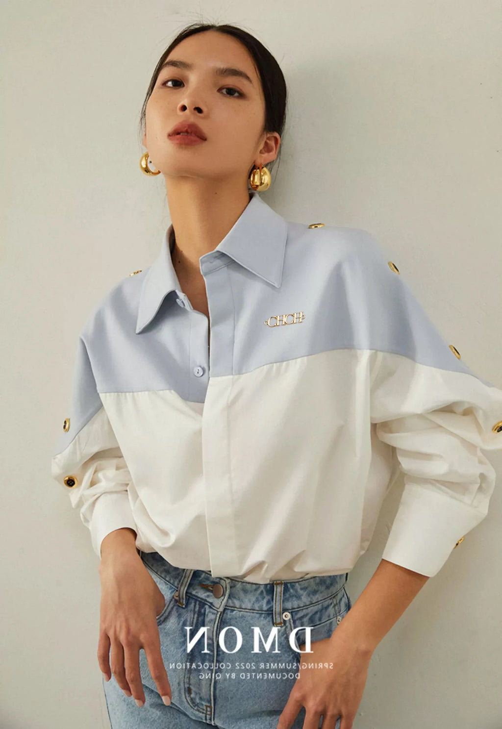 CHCH Women's Shirt 2025 New High Quality Splicing Color Contrasting Long Sleeve Business Shirt Commuter Women's Wear