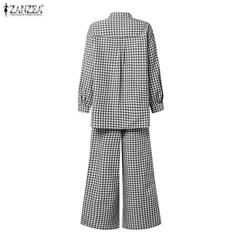 ZANZEA Women's Gingham Pant Suits Collared Long Sleeve High-Low Blouse & Wide Leg Pant 2 Pieces Sets Streetwear Casual Outfits