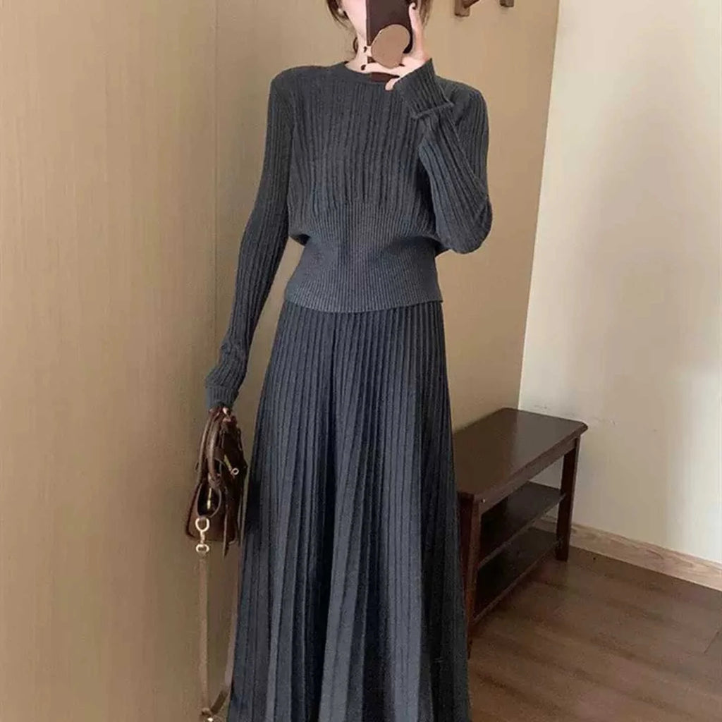 Korean Style High Waist Knitted round Neck Striped Top And Skirt Two Piece Set Women's Fashion Autumn Winter Collection