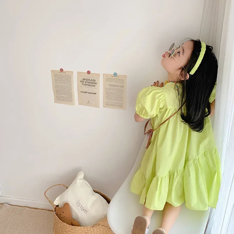 Girls Fashion Pink Princess Dress Kids Summer Puff Sleeve Casual Dresses Children Korean Style Mesh Clothing Gift Lolita Dress