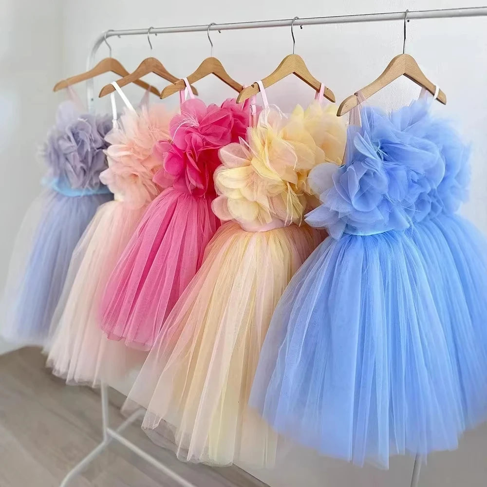 Girl Clothes Children's Flower Dress Wedding Princess Dresses Little Girls Pink Blue Strap Tulle Tutu Skirt Purple Spaghetti
