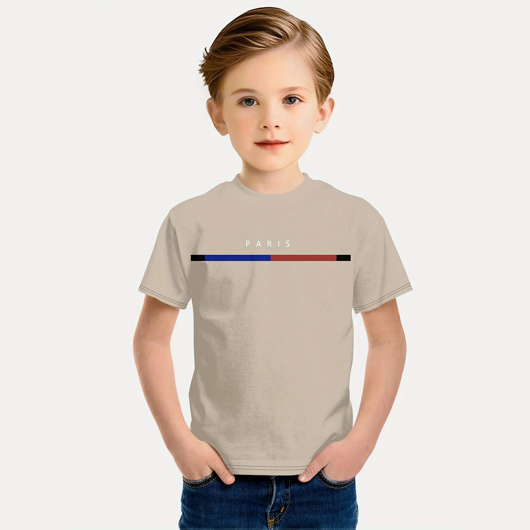 Kids Boys Clothes Simple Paris Letter Print Short Sleeve T Shirt Children Boys 2 to 9 Years Casual Comfortable Tees Children Top