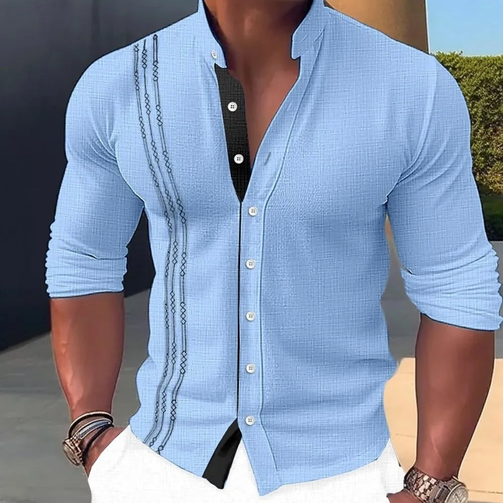 Men's linen casual shirt, loose fit, fashionable, high collar, suitable for summer wear, high collar cardigan, long sleeved, mad